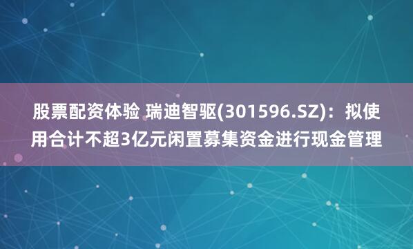 股票配资体验 瑞迪智驱(301596.SZ)：拟使用合计不超3亿元闲置募集资金进行现金管理